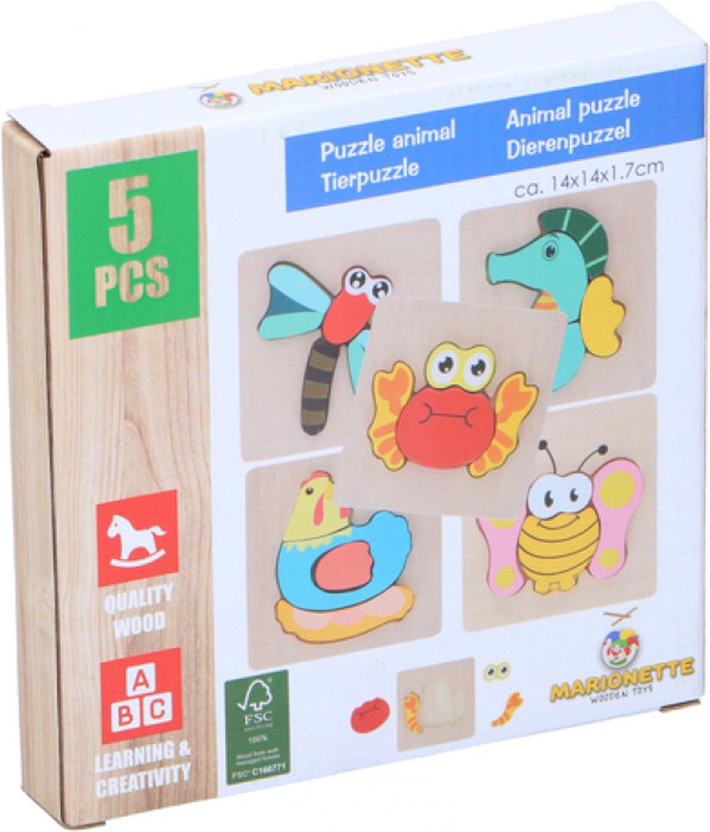 Marionette - houten puzzel - dierenmotief - 1 set