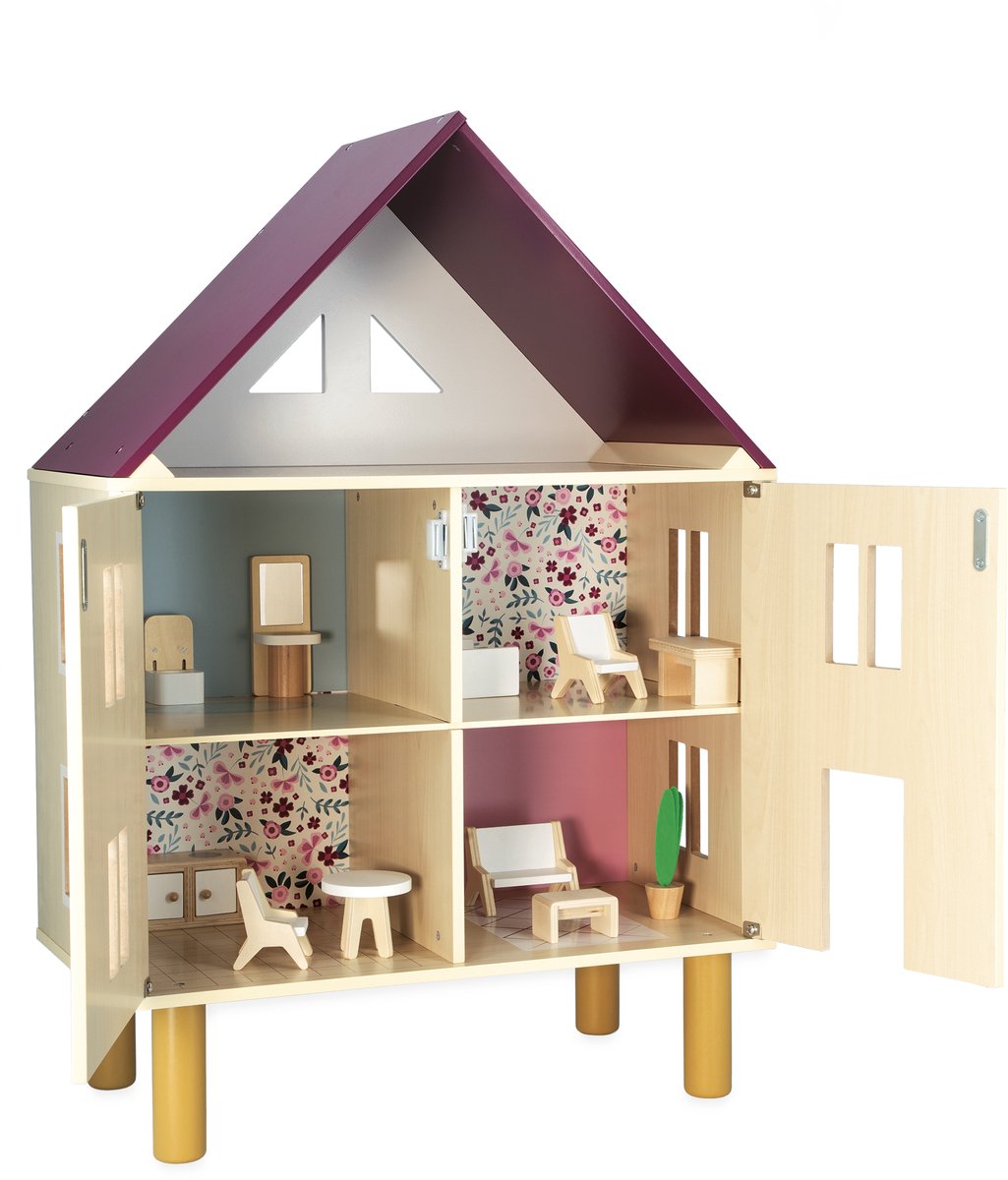Janod twist - casa de muñecas - casa de muñecas de madera con tres pisos - suministrada con 11 muebles para amueblar la casa - adecuada a partir de 3 años