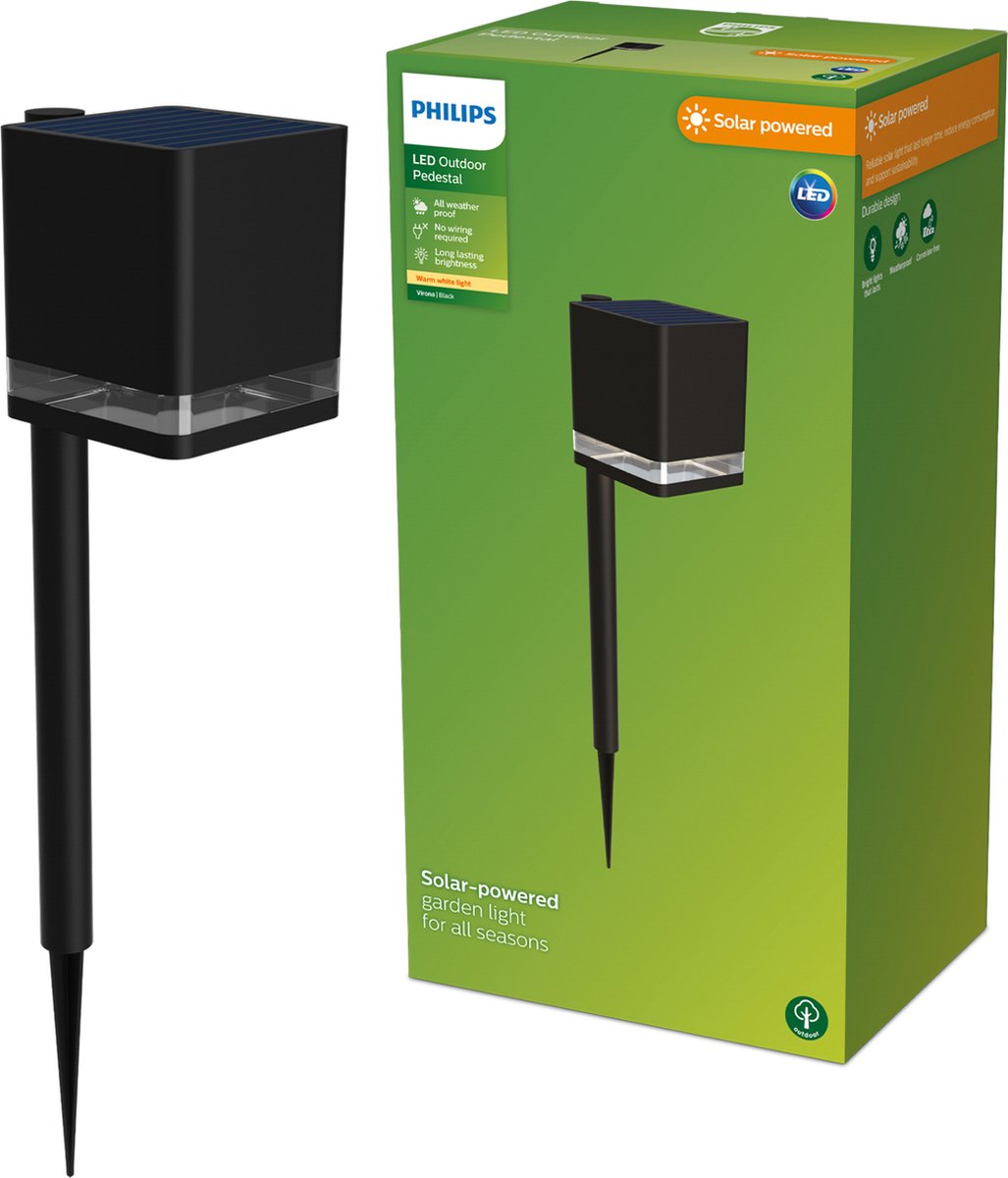 Philips led philips virona sokkellamp met spies - solar buitenlamp - warm wit licht; 2700k - zwart - zonne-energie - tuinpadverlichting
