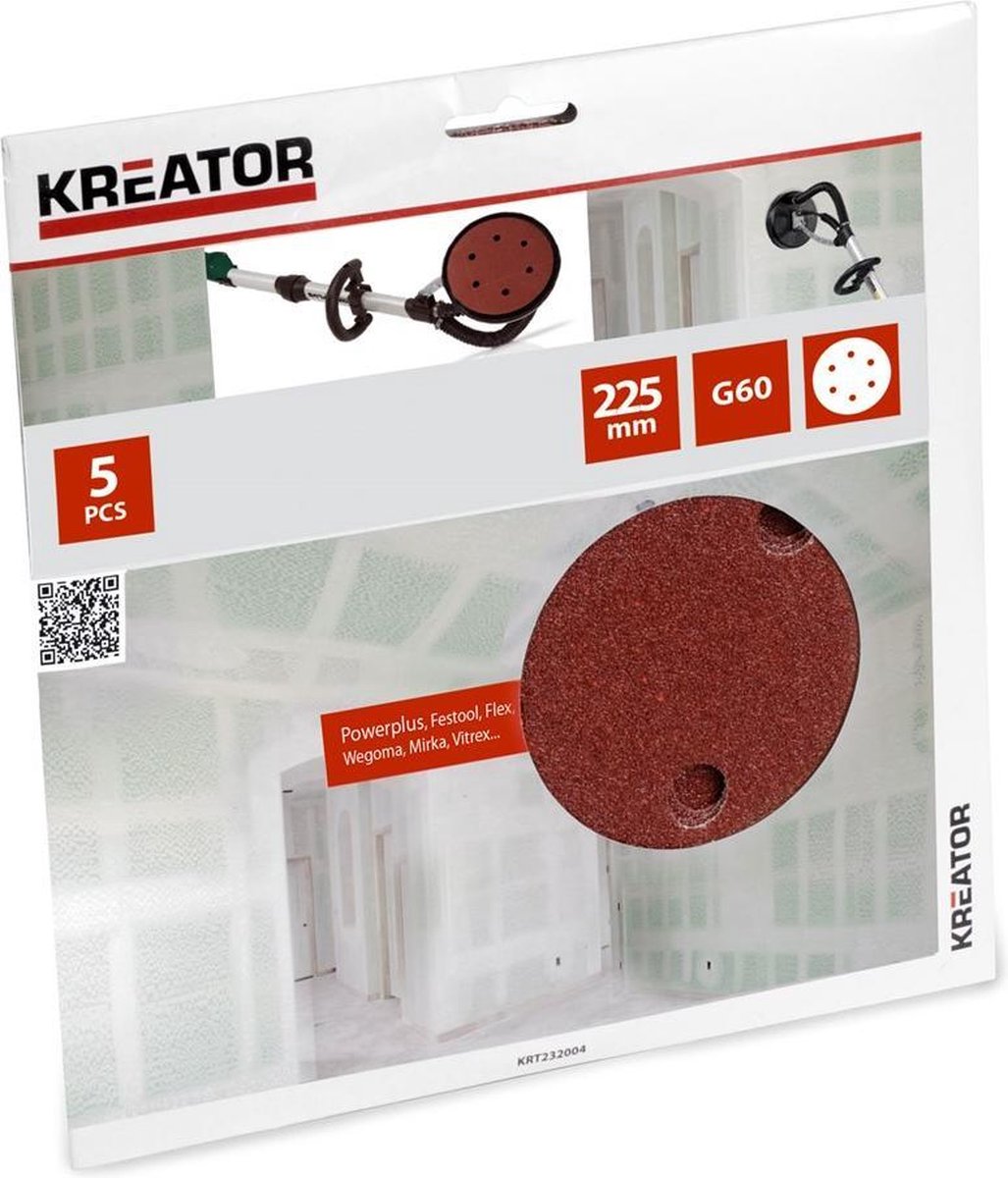 Kreator schuurpapier gipsplaat rond t.b.v. langnek velcro ø 225mm k60 set van 5 stuks (krt232004)
