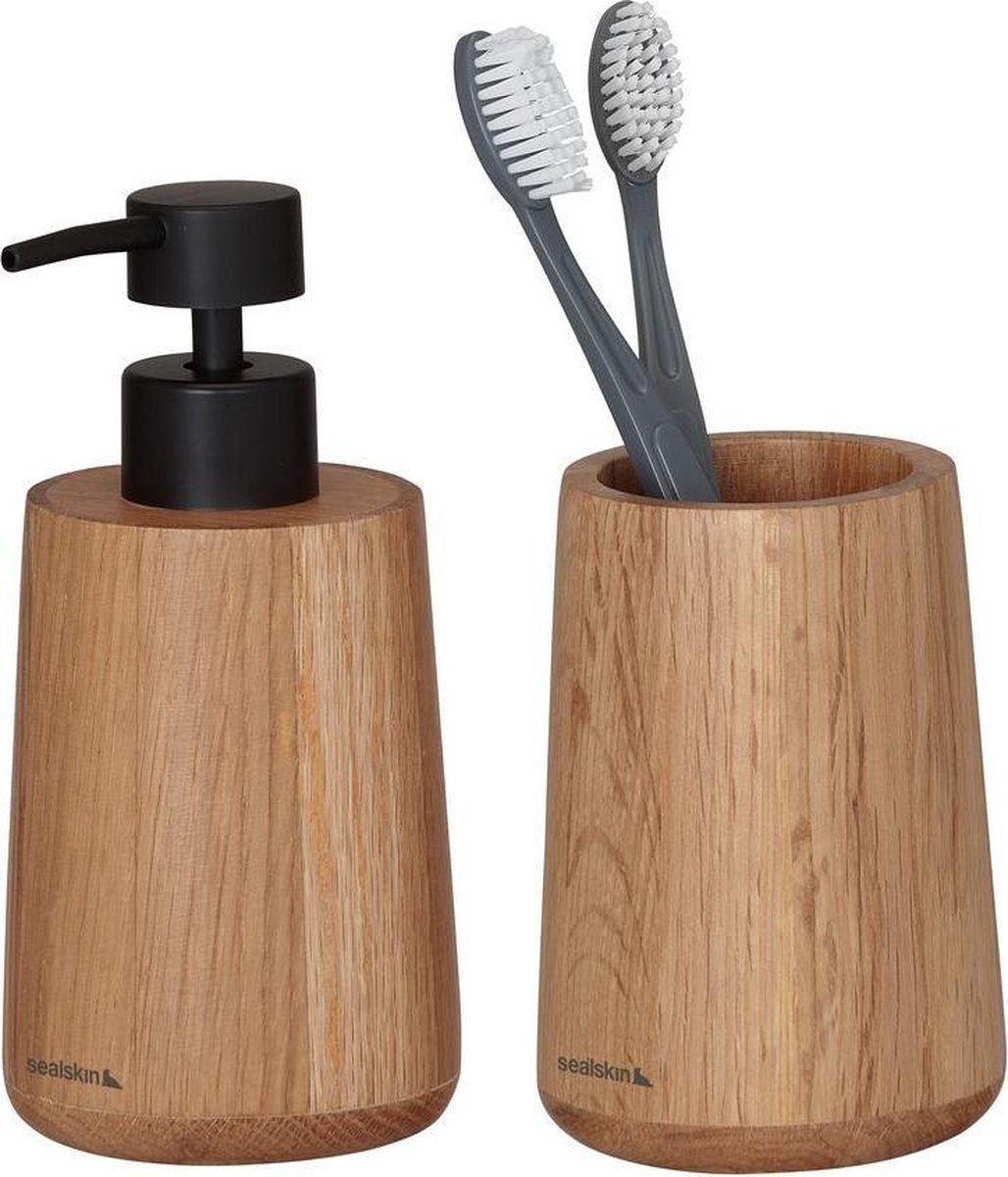 Sealskin earth - badkamerset - zeepdispenser 150 ml - tandenborstelbeker - eiken