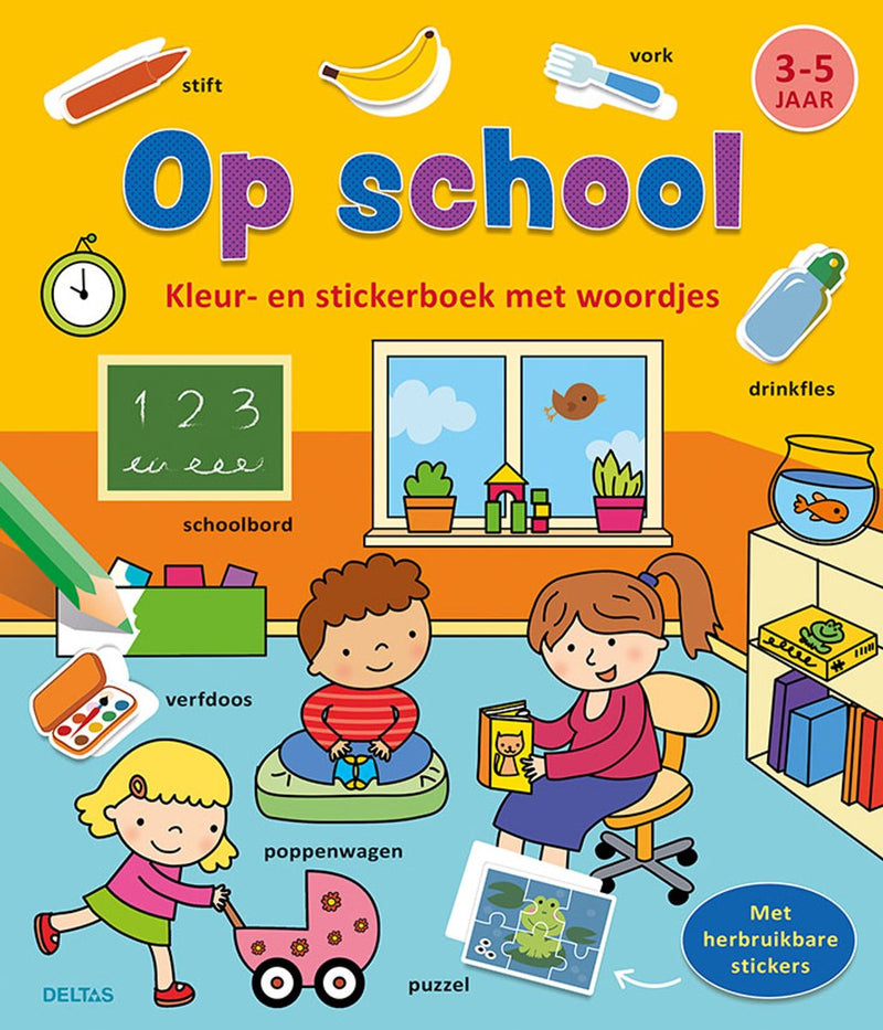 Libro de pegatinas de color deltas con palabras en la escuela