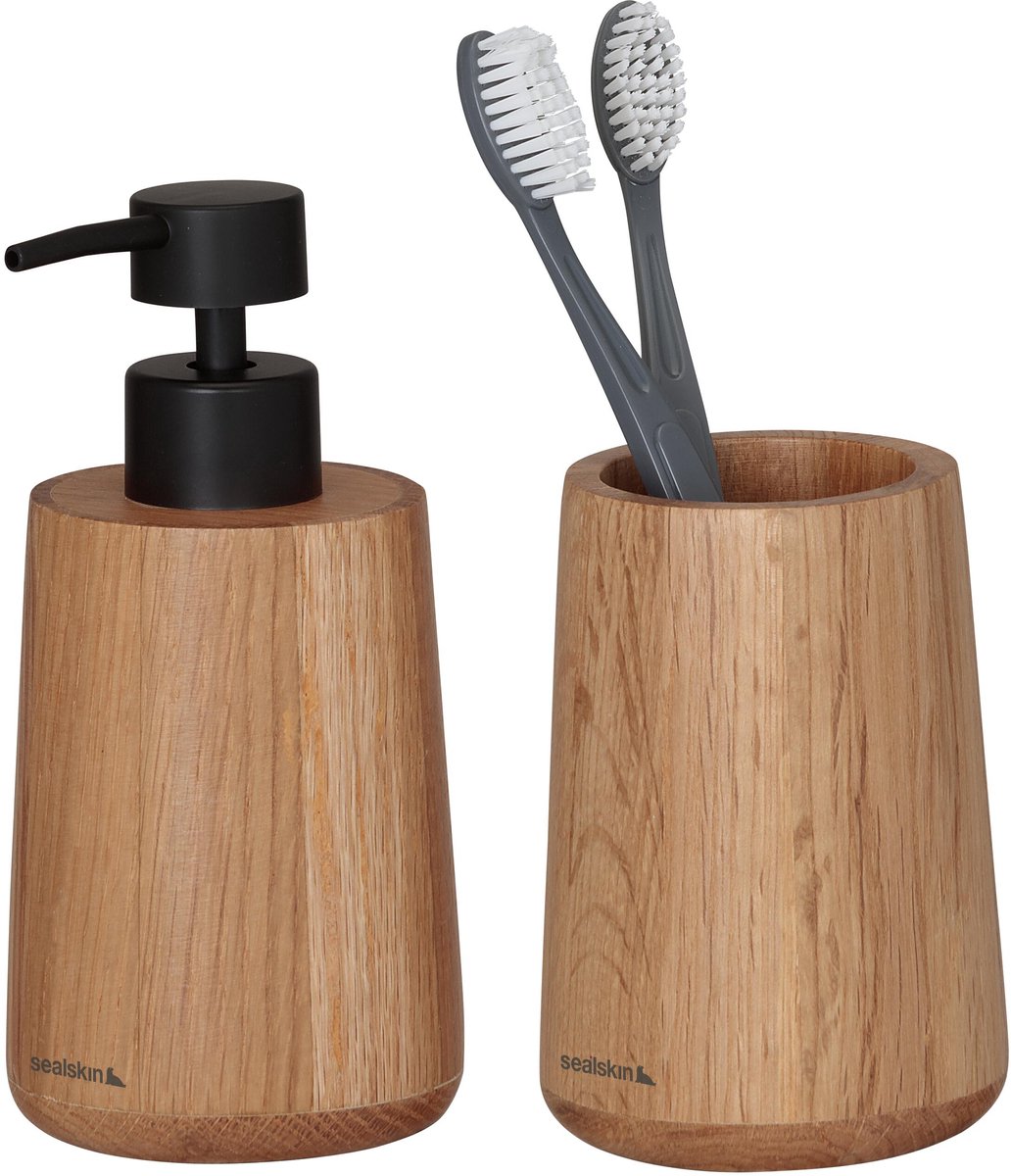 Set da bagno Sealskin Earth - dispenser sapone 150 ml - bicchiere per spazzolini da denti - FSC - rovere - aspetto legno