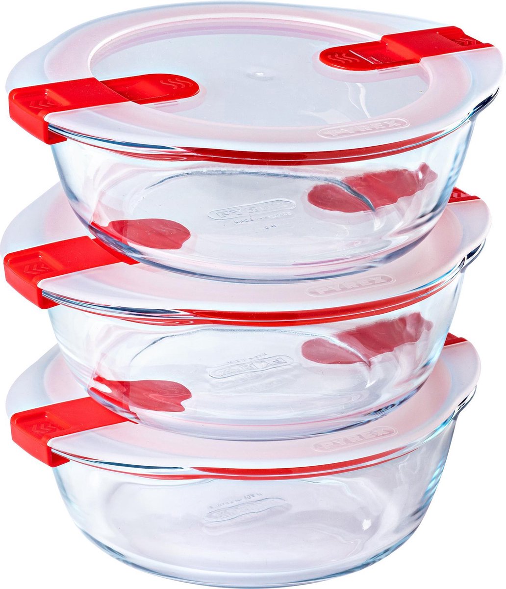 Pyrex - recipiente para cocinar redondo con tapa - capacidad de 1,1 litros cada uno - juego de 3 piezas - rojo transparente blanco
