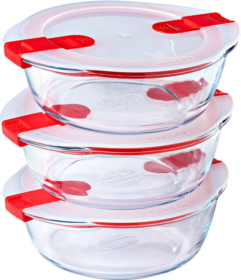 Pyrex - recipiente para cocinar redondo con tapa - capacidad de 1,1 litros cada uno - juego de 3 piezas - rojo transparente blanco