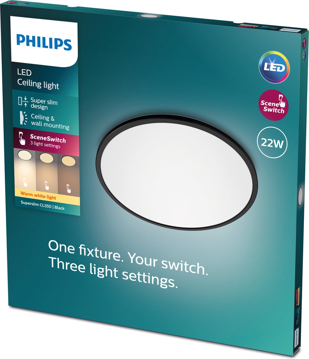 Philips Lampada da soffitto LED Philips super slim - nera - grande - luce bianca calda - 22 w
