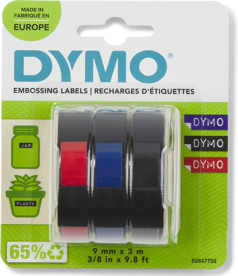 Cinta en relieve Dymo Original | 9 mm x 3 m | blanco sobre azul, blanco sobre rojo, blanco sobre negro | autoadhesivo | para rotuladoras de cinta gofrada | 3 piezas | hecho en europa
