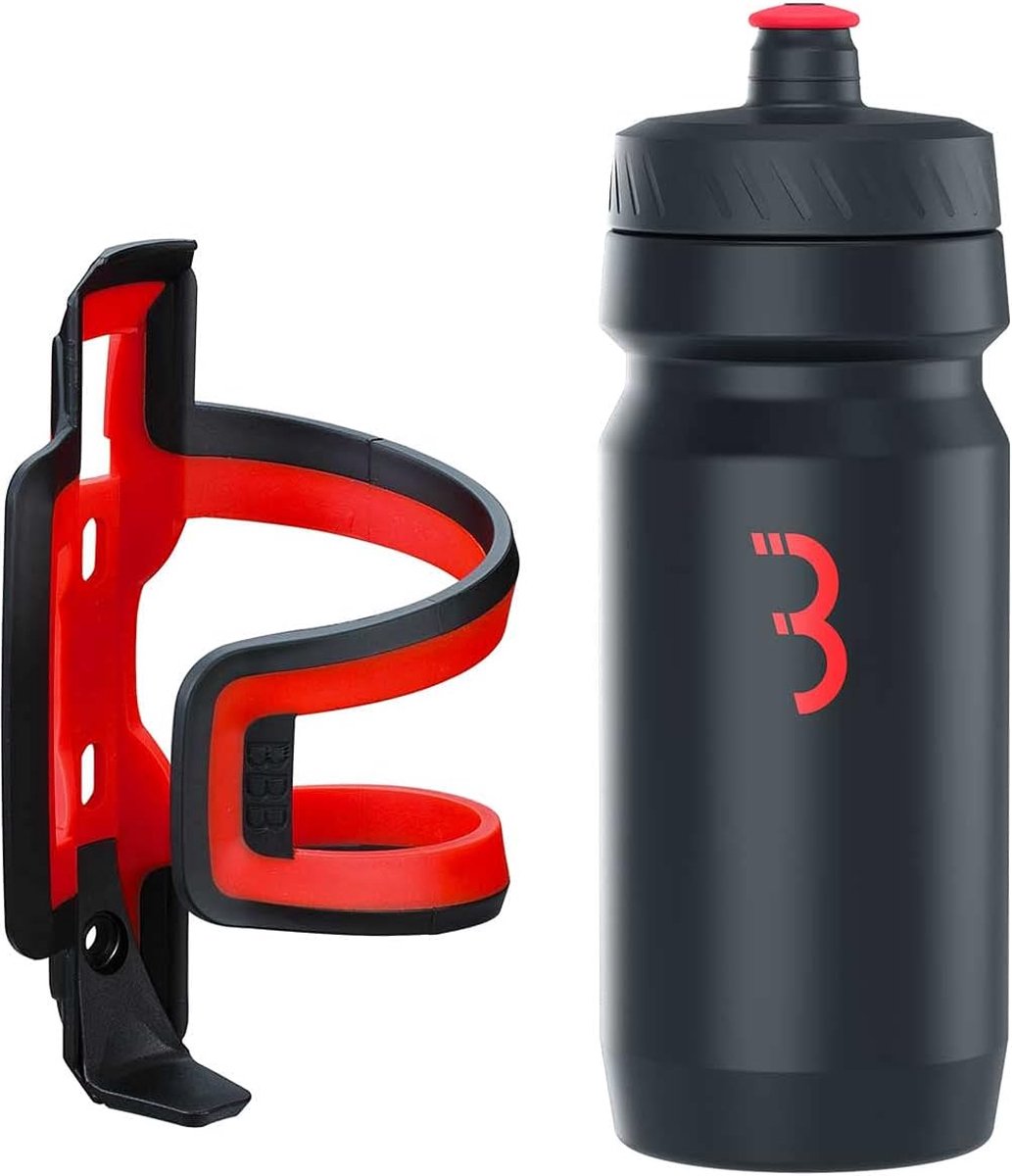 Bbb cycling dualattack - compacte bidonhouder met bidon - 550ml - zwart rood - racefiets mountainbike - drinkbushouder fiets - bbc-40c