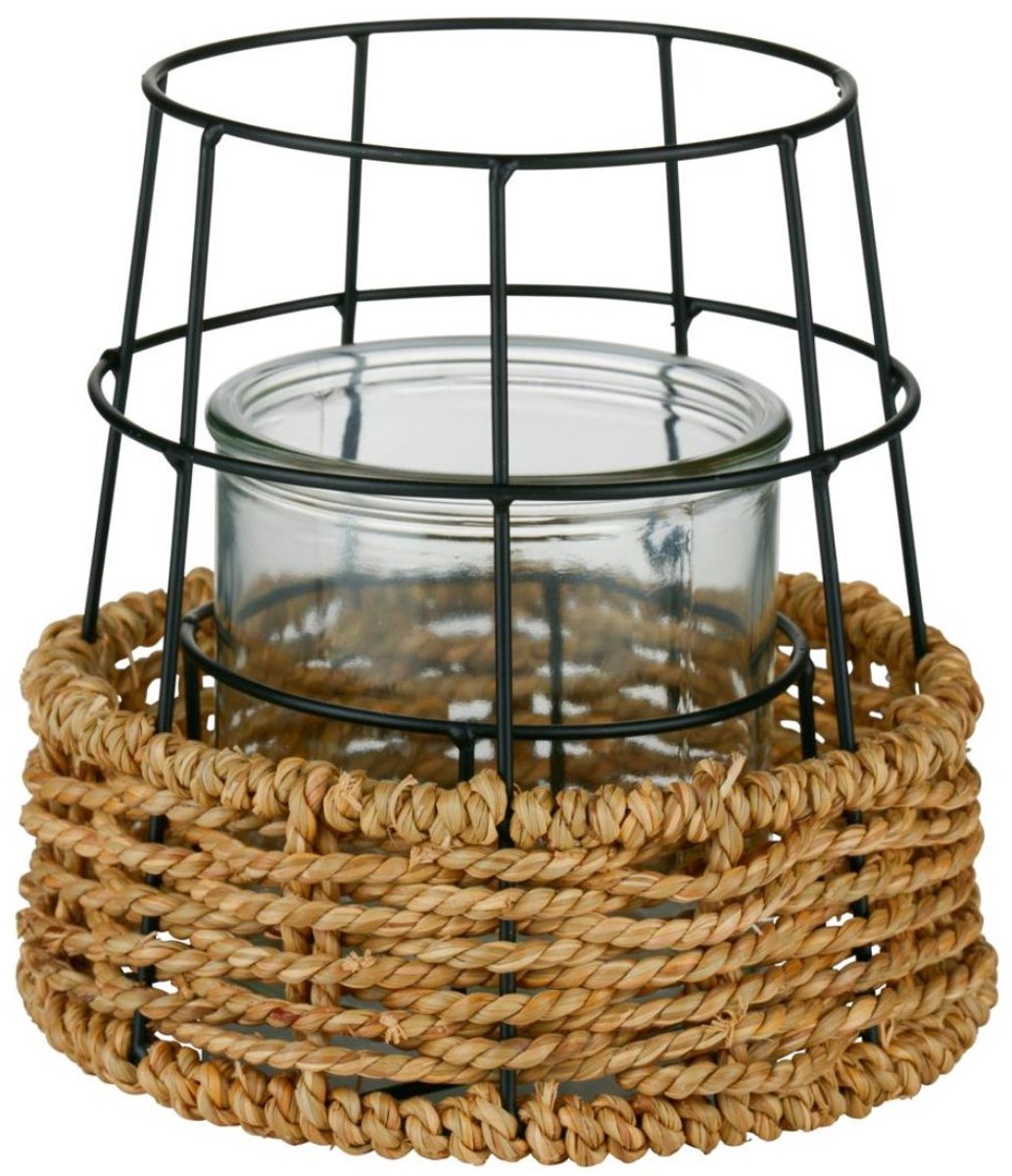 Candelabro Arti casa - farol con decoración de cuerda - candelabro para interior y exterior - 17 x 16,5 cm - negro natural