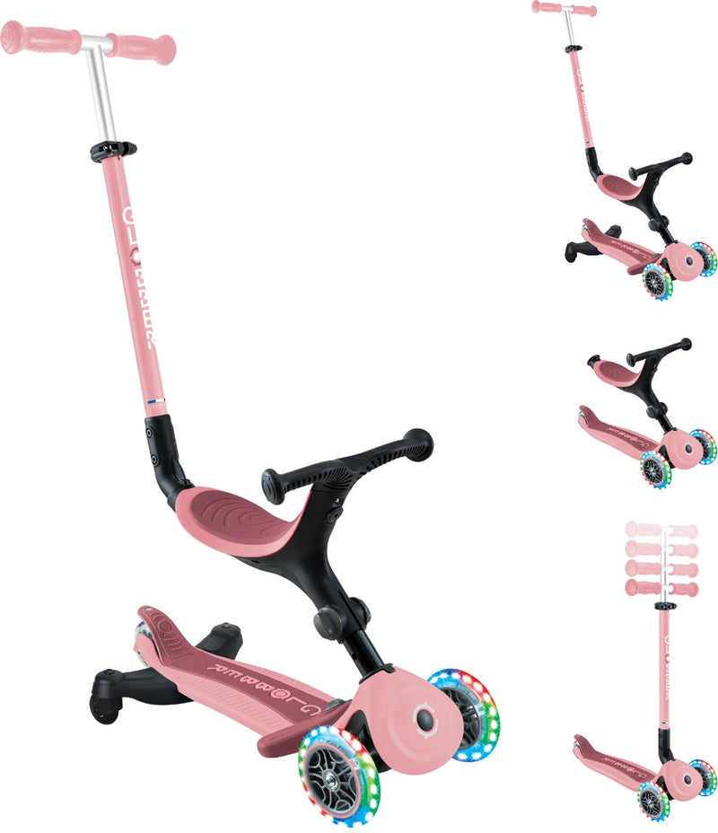 Monopattino Grow Along Globber - luci attive go up rosa pastello 360 - rosa - ruote luminose - con barra di spinta - regolabile in altezza - da 15 mesi a 9 anni
