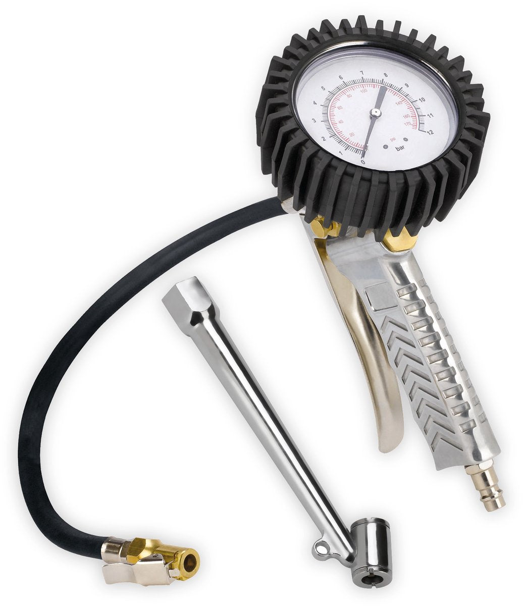 Bomba de inflado de neumáticos con manómetro profesional Einhell - presión de trabajo: 0-8 bar - longitud de la manguera: 44 cm - incl. válvula de ventilación, tapón de válvula, adaptador profesional de presión de neumáticos
