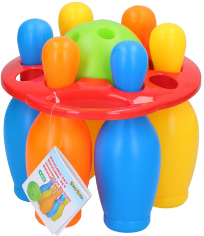 Eddy Toys Juego de bolos de 19,5 cm - Juego de bolos para niños de interior y exterior - Juego de bolos con 6 bolos y 1 pelota - Juego de juguetes con estante de transporte - Plástico - Colorido