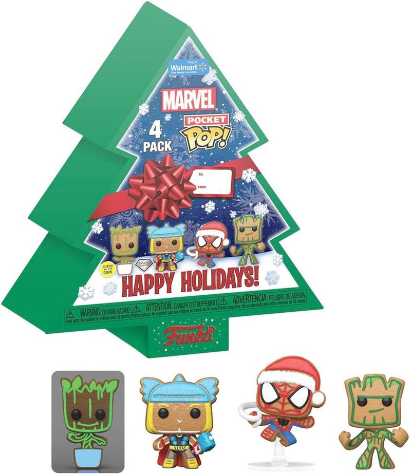 Funko - ¡Marvel Holiday 2022 Pocket Pop! Paquete de 4 cajas navideñas con forma de árbol Llavero 3D de 4 cm - multicolor