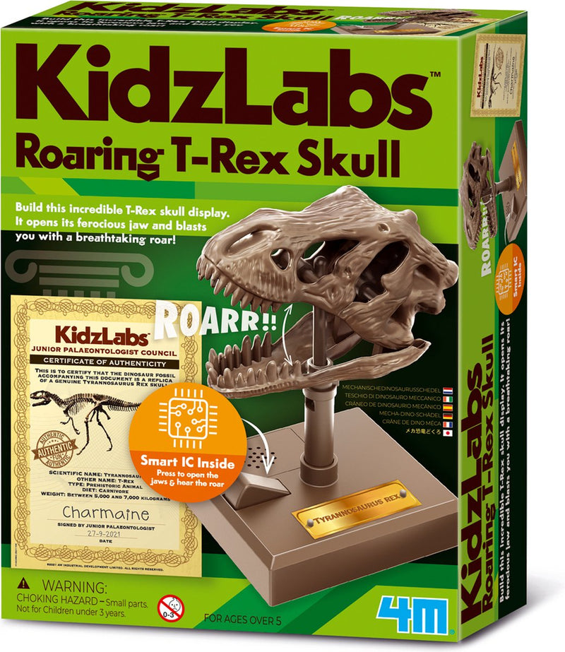 4m wetenschap en spel - maak een brullende t-rex schedel - bouwpakket dino - kidzrobotix - 5+