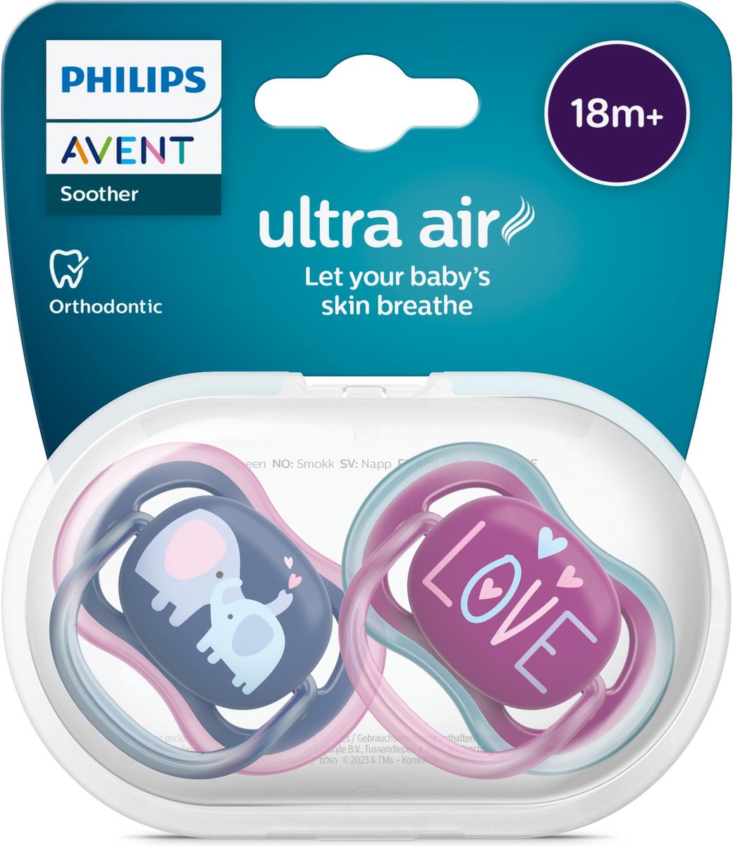Succhietto Philips avent ultra air - più vecchio di 18 mesi - 2 ciucci - blu scuro viola elefante amore - scf349 22