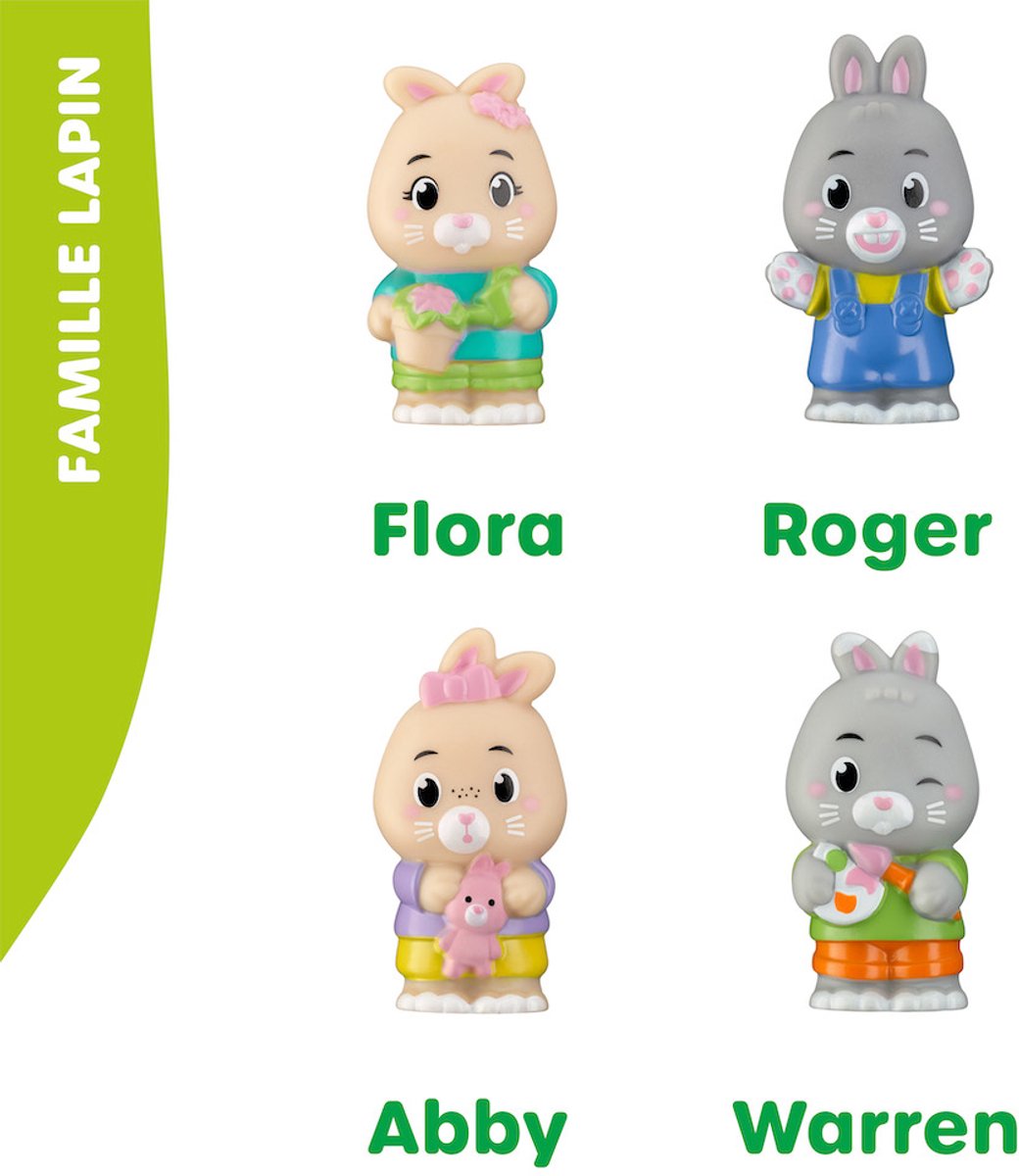 Klorofil set da gioco famiglia coniglio | set di personaggi da gioco - personaggi della famiglia - giocattoli per bambini - flora, warren, abby e roger - da 18 mesi - 4 pezzi