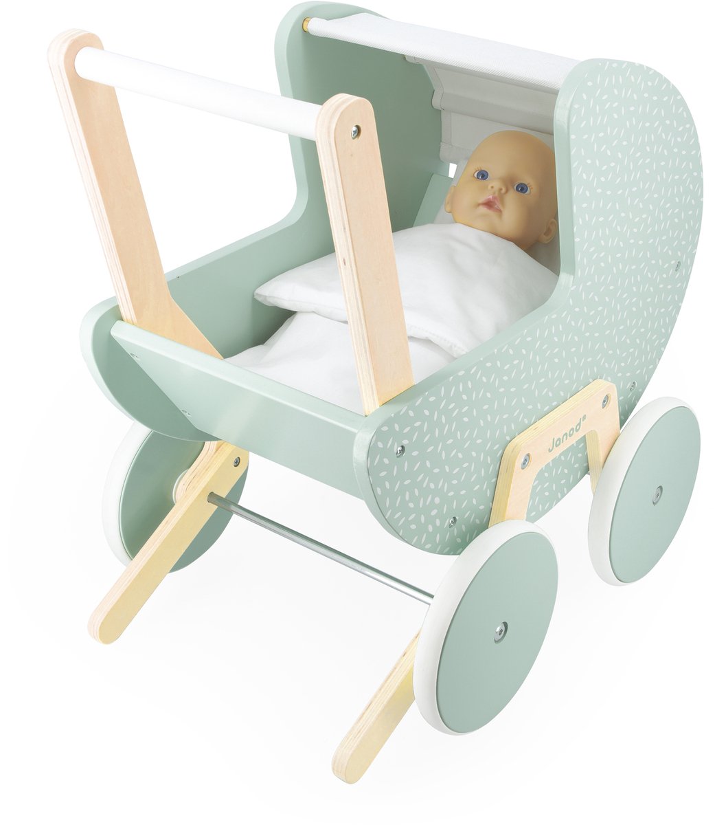 Janod - zen - carrozzina per bambole - carrozzina per bambole in legno per bambole fino a 42 cm