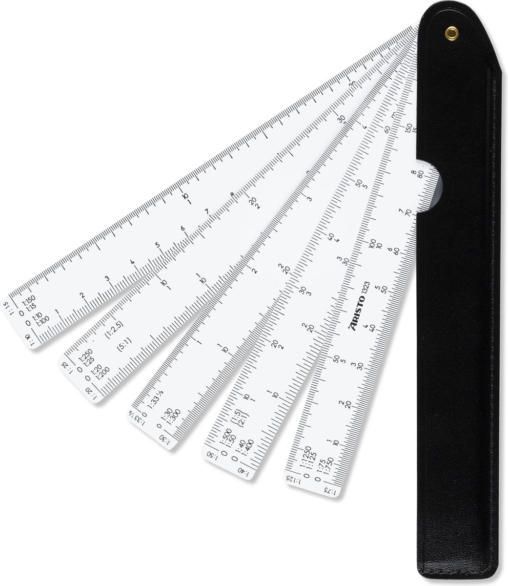 Regla de abanico Aristo - longitud 25 cm - 1:10 :15 :20 :25 :30 :33 1 3 :40 :50 :75 :125 - plástico blanco - funda de cuero duradera - ar-1323