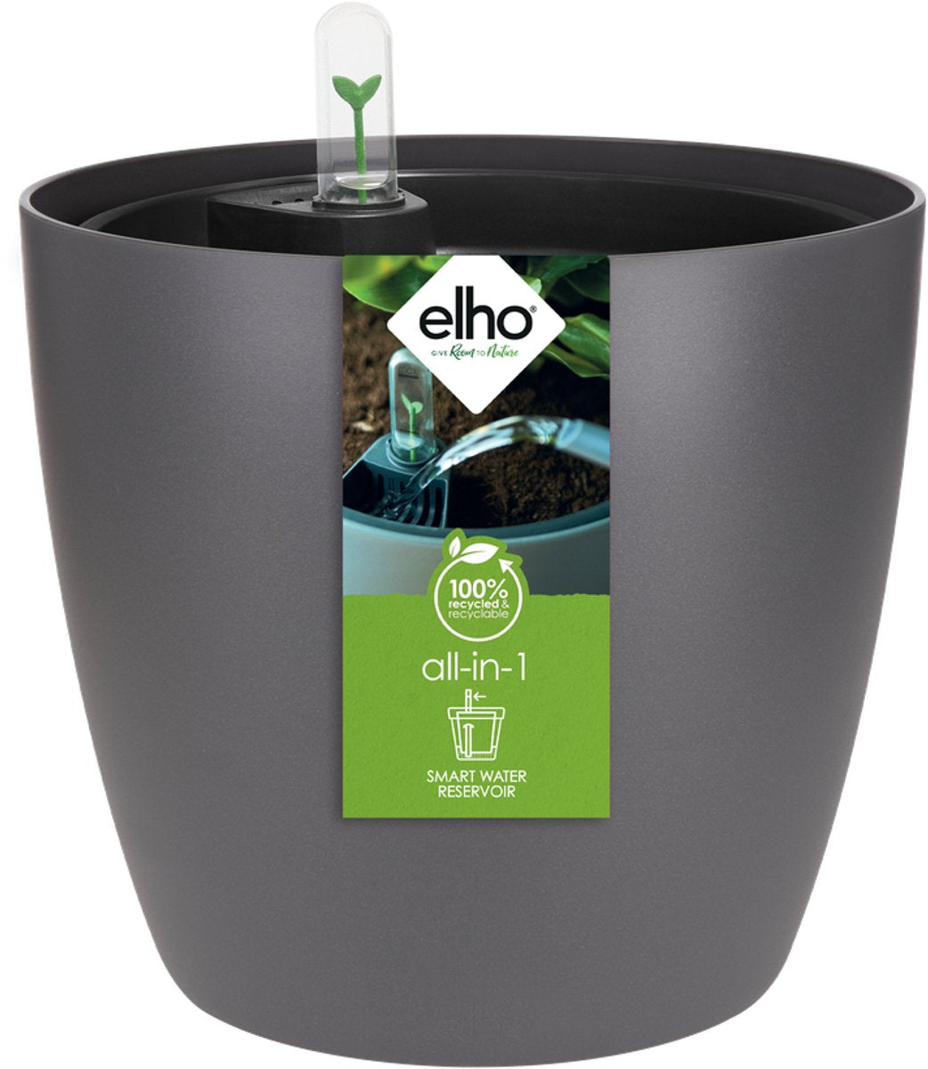 Elho all-in-1 brussel rond 18 + swi 17 - bloempot met watermeter - 100% gerecycled plastic - ø 18 cm - antraciet