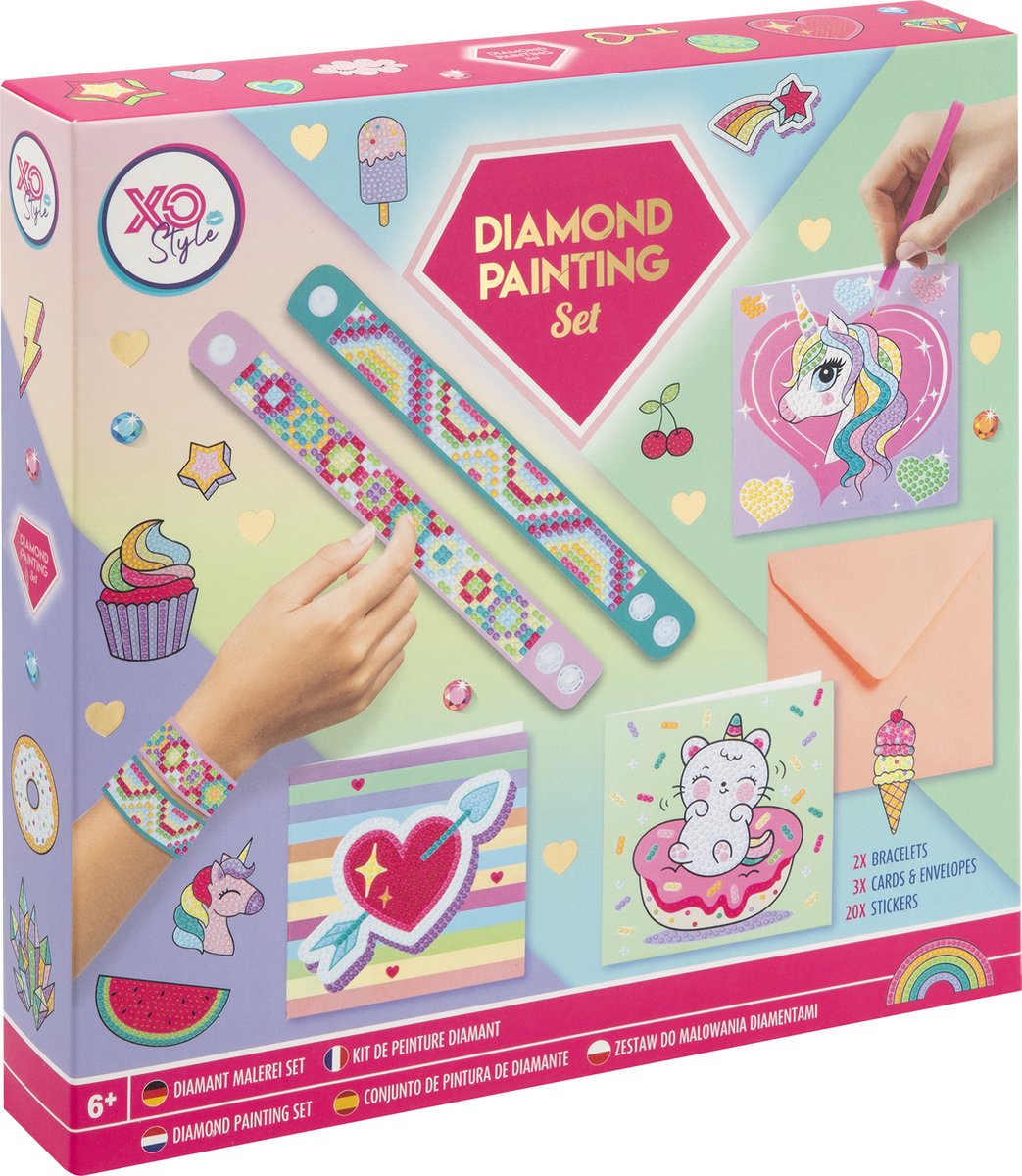 Moxy diamond painting set - creatieve knutselset voor kinderen - 6+ jaar - inclusief accessoires en kleurrijke steentjes - armbandjes maken - diamond painting kaarten - diamond painting stickers