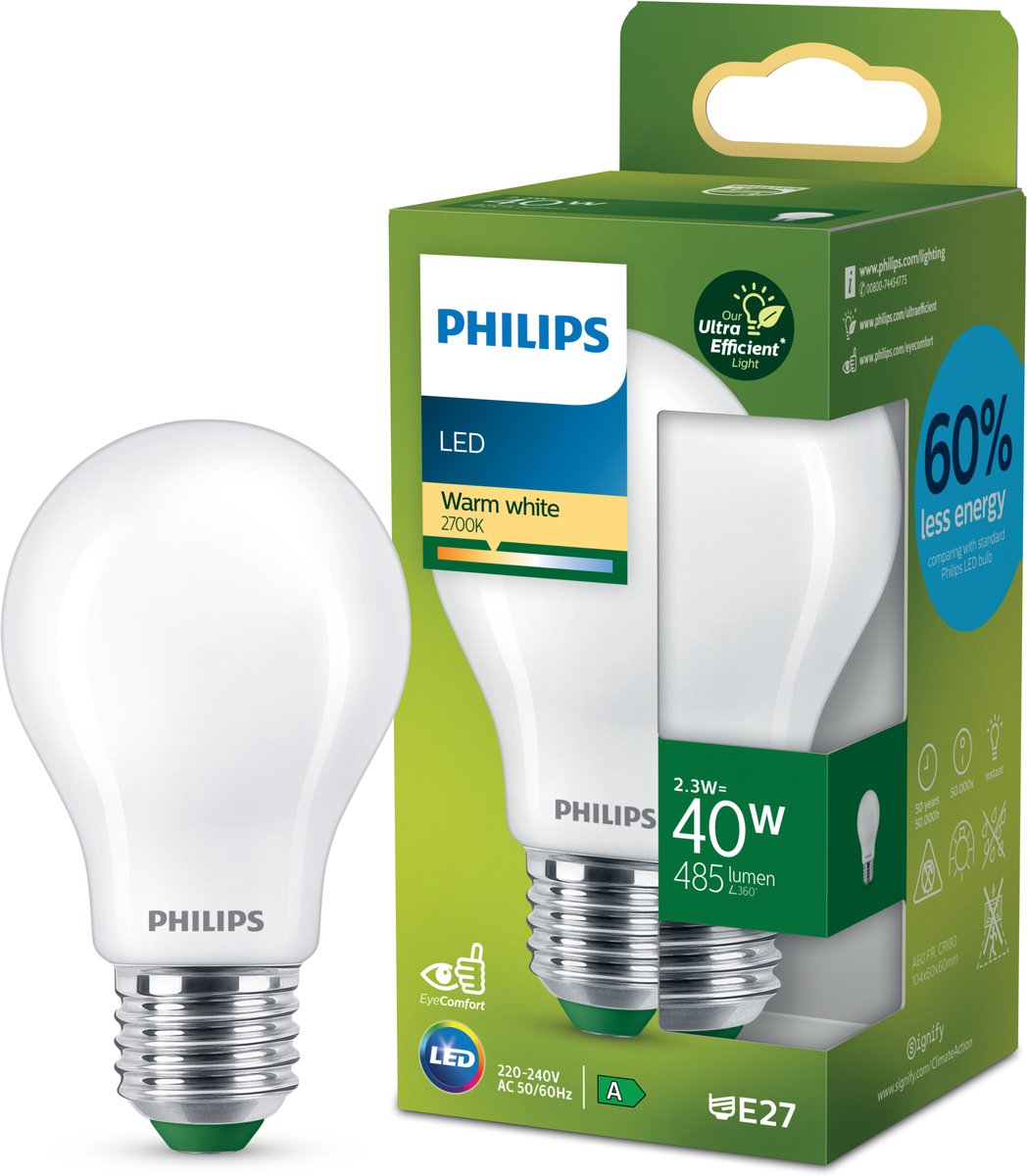 Philips LED Lampada LED Philips ultra efficiente opaca - 40 W - E27 - luce bianca calda
