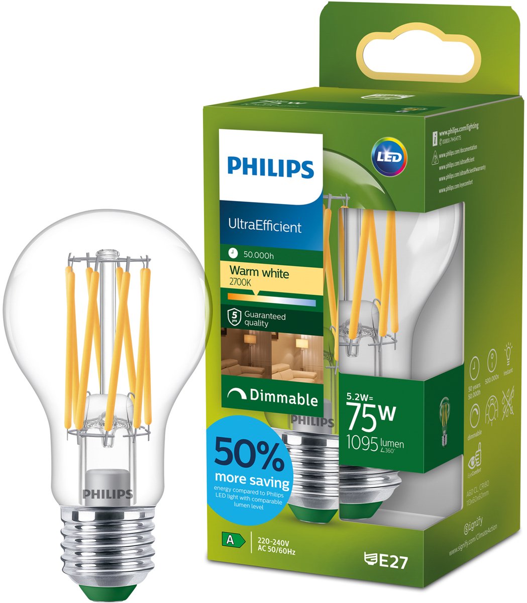 Philips led philips ultraefficient led lamp - 75w - e27 fitting - warmwit licht: 2700k - dimbaar - helder glas - a60 lampvorm - lange levensduur