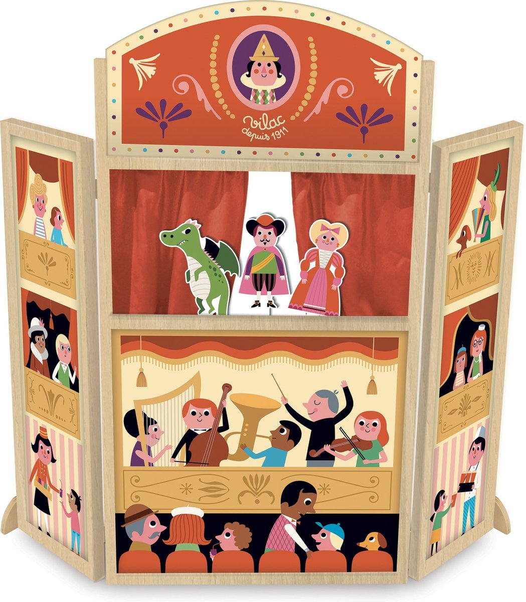 Teatro de marionetas de vilac ingela p. arrhenius con muñecos de silueta - coloridos juguetes de madera.