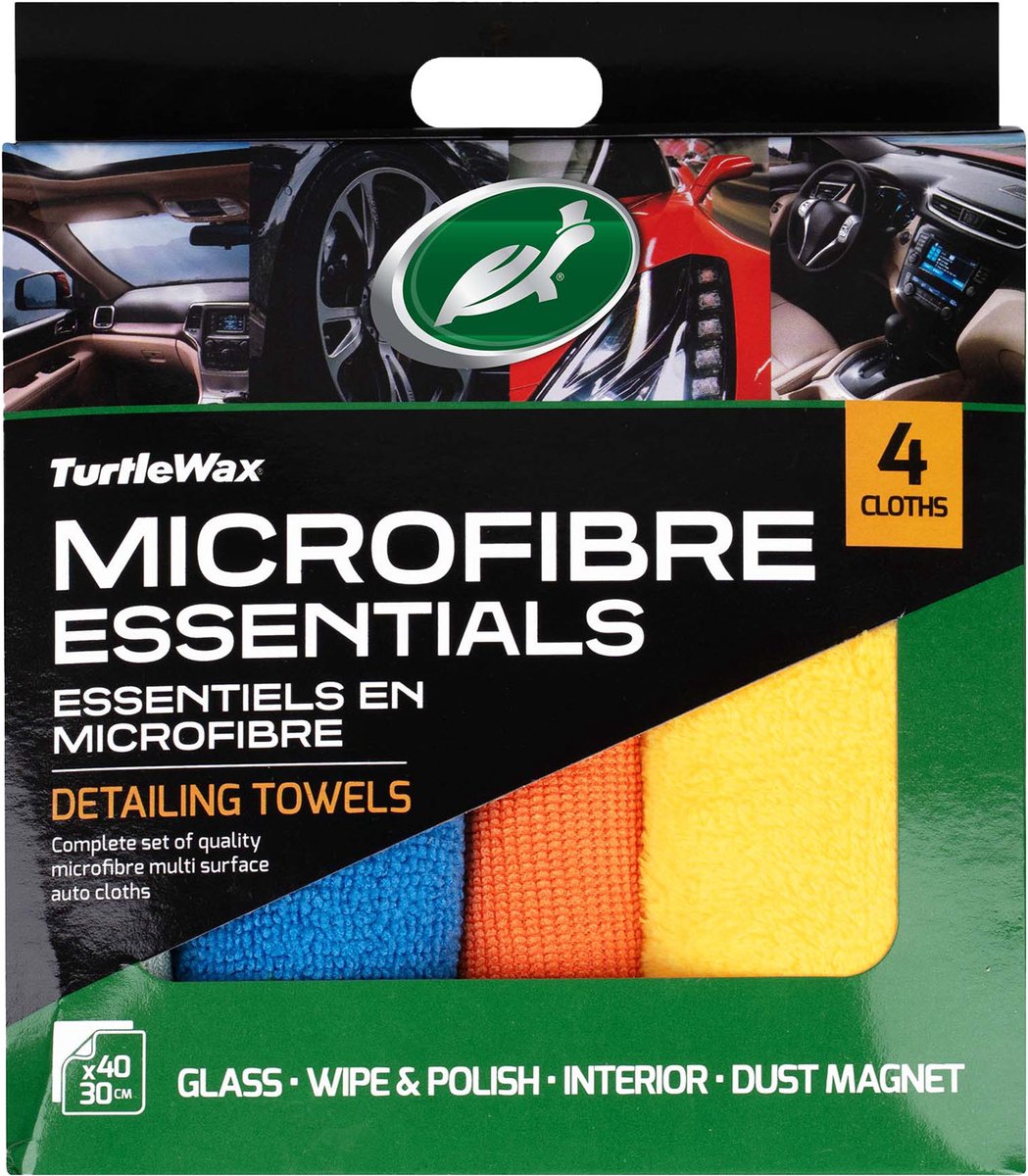Kit básico de microfibra Turtle Wax - 4 paños de microfibra diferentes - cada paño una tarea de detalle específica - limpieza de vidrio, pulido, pulido, limpieza interior - 40x30cm