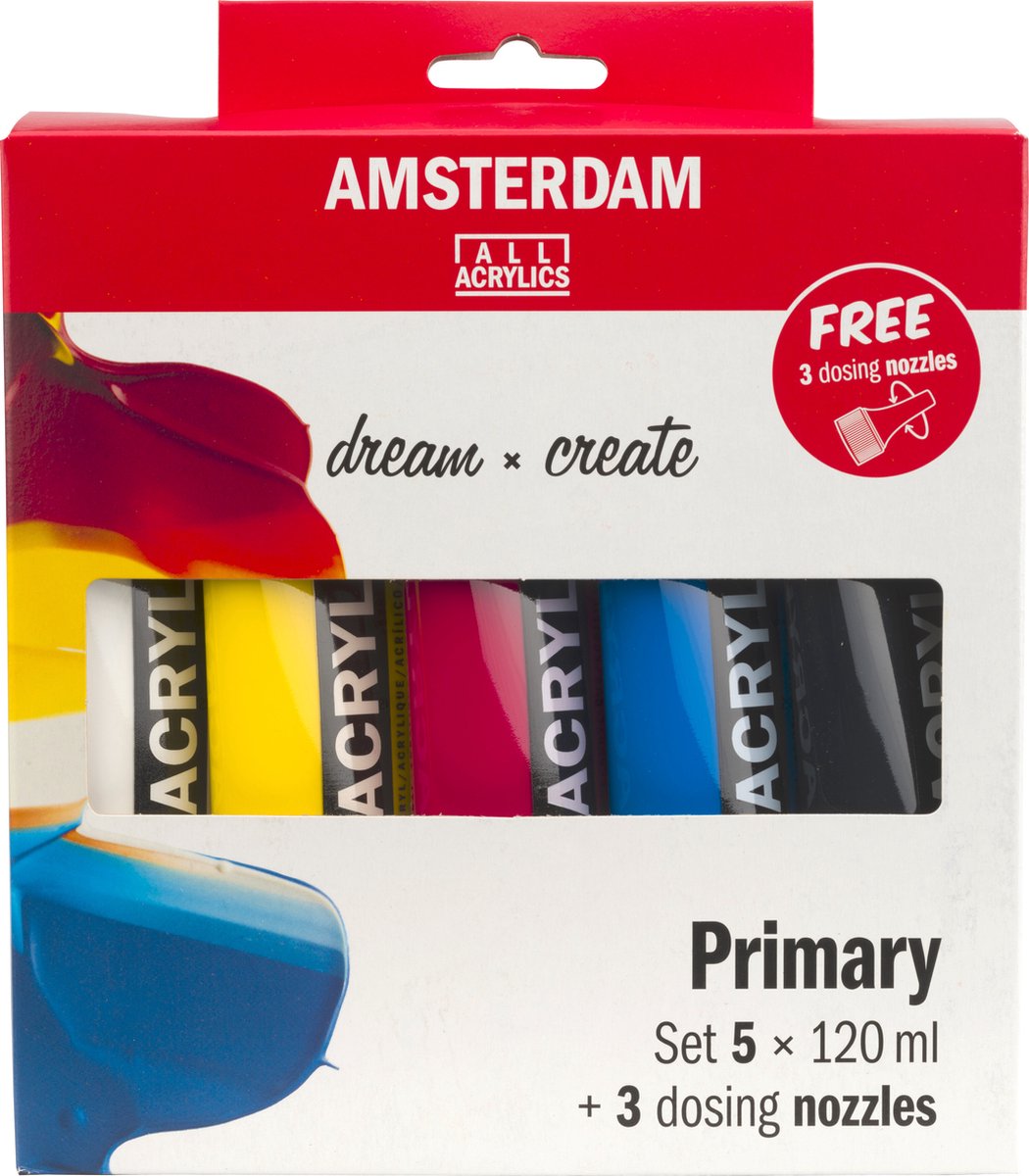 Bruynzeel amsterdam serie standard set di colori acrilici primari 120 ml, 5 pz. + 3 beccucci dosatori