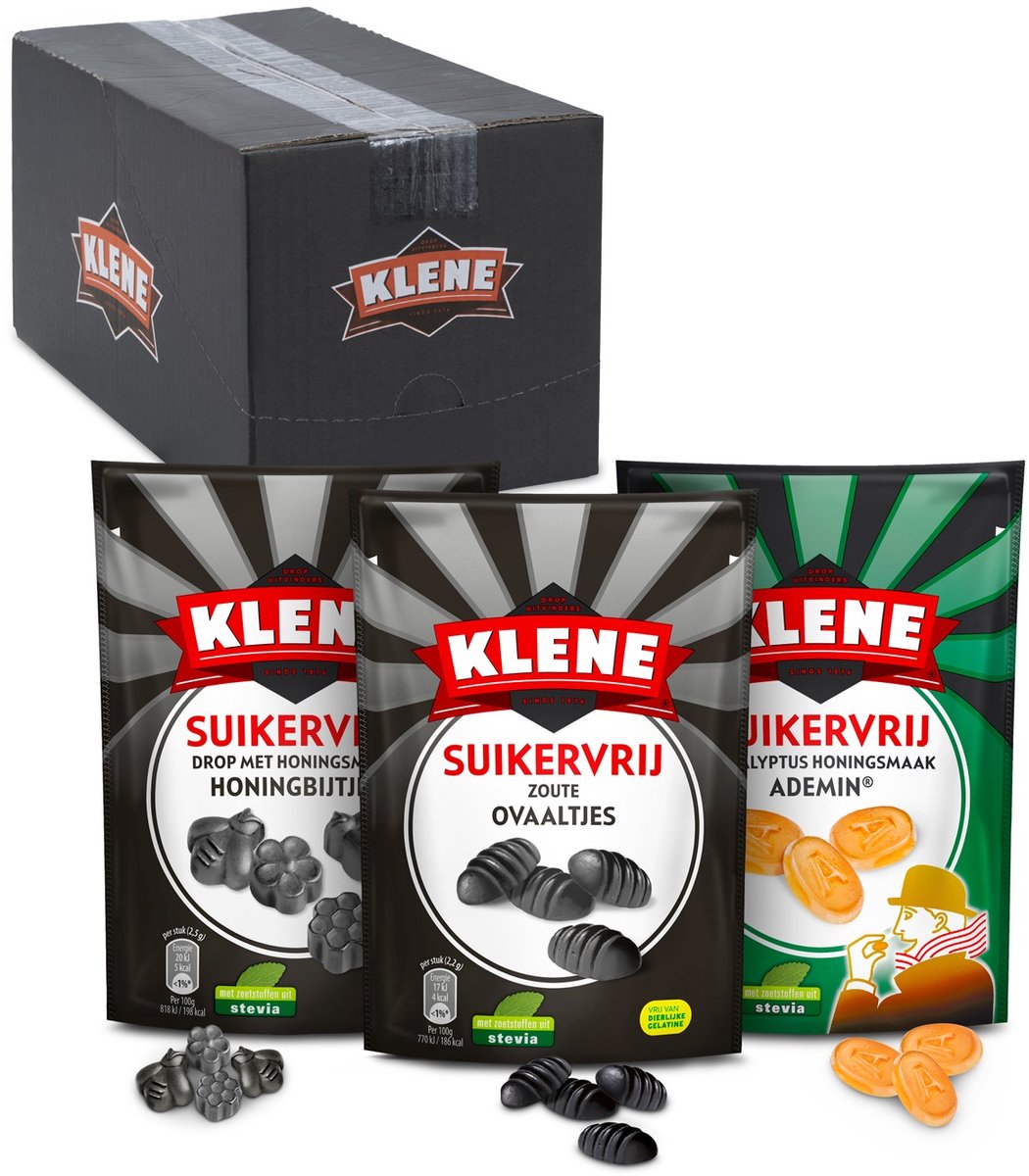 Klene combidoos - drop - mix van zoute ovaaltjes, honingbijtjes ademin - zout, honing eucalyptus - suikervrij - 14x110gr