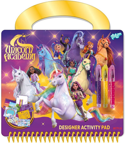 Totum Unicorn Academy Designer, libro di attività per disegnare, scrivere, adesivi – libro delle vacanze, giocattoli creativi per ragazze dai 3 anni