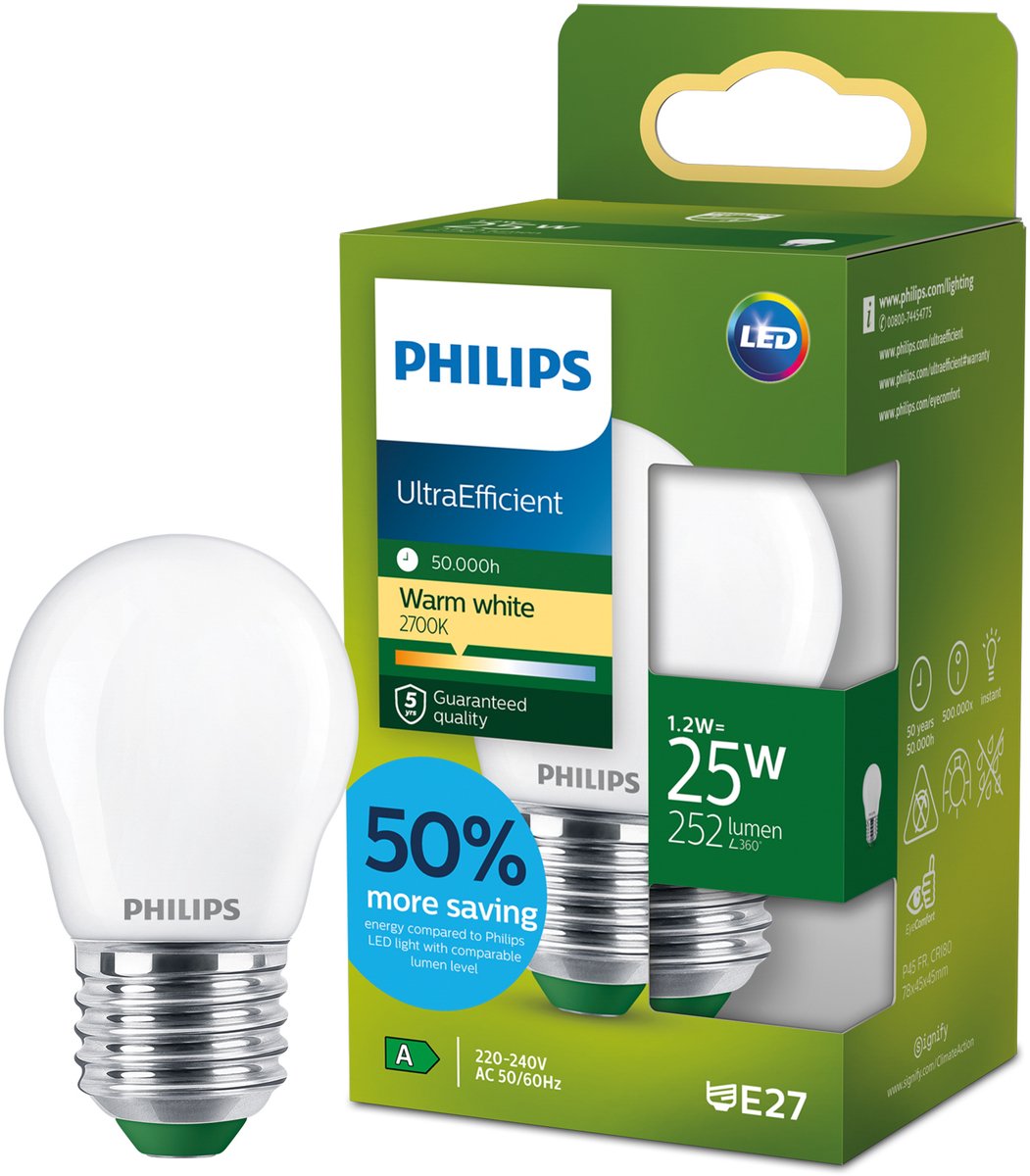 Philips led philips ultraefficient led lamp - 25w - e27 fitting - warmwit licht: 2700k - mat glas - p45 kogellamp - lange levensduur