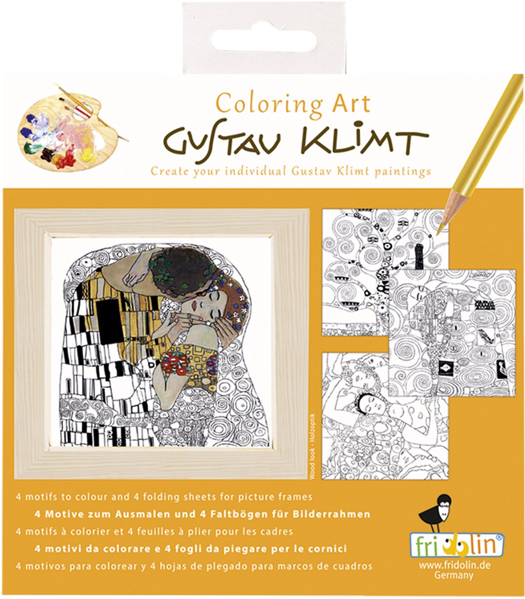 Fridolin kleurset kunst - 4 kleurplaten met lijst 15x15 cm - gustav klimt