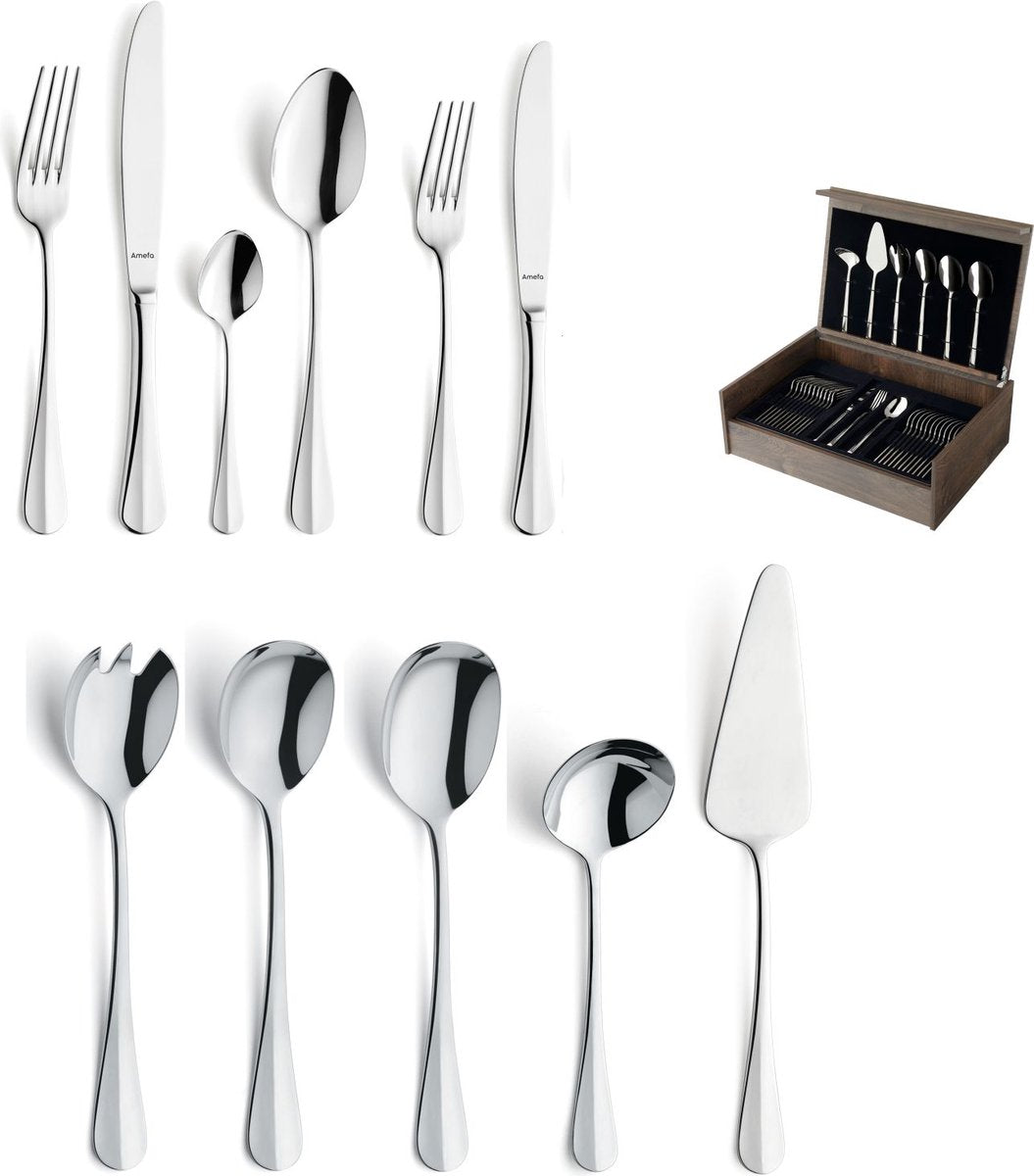 Amefa Baguette - Set di posate da 78 pezzi - per 12 persone - lucide - color argento - in lussuosa scatola di legno