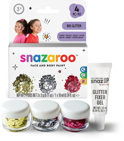 Snazaroo 1172244 set bio glitter grosso – glitter per viso, peli del corpo – 3 colori + gel fissante – glitter festival, lavabile delicato sulla pelle