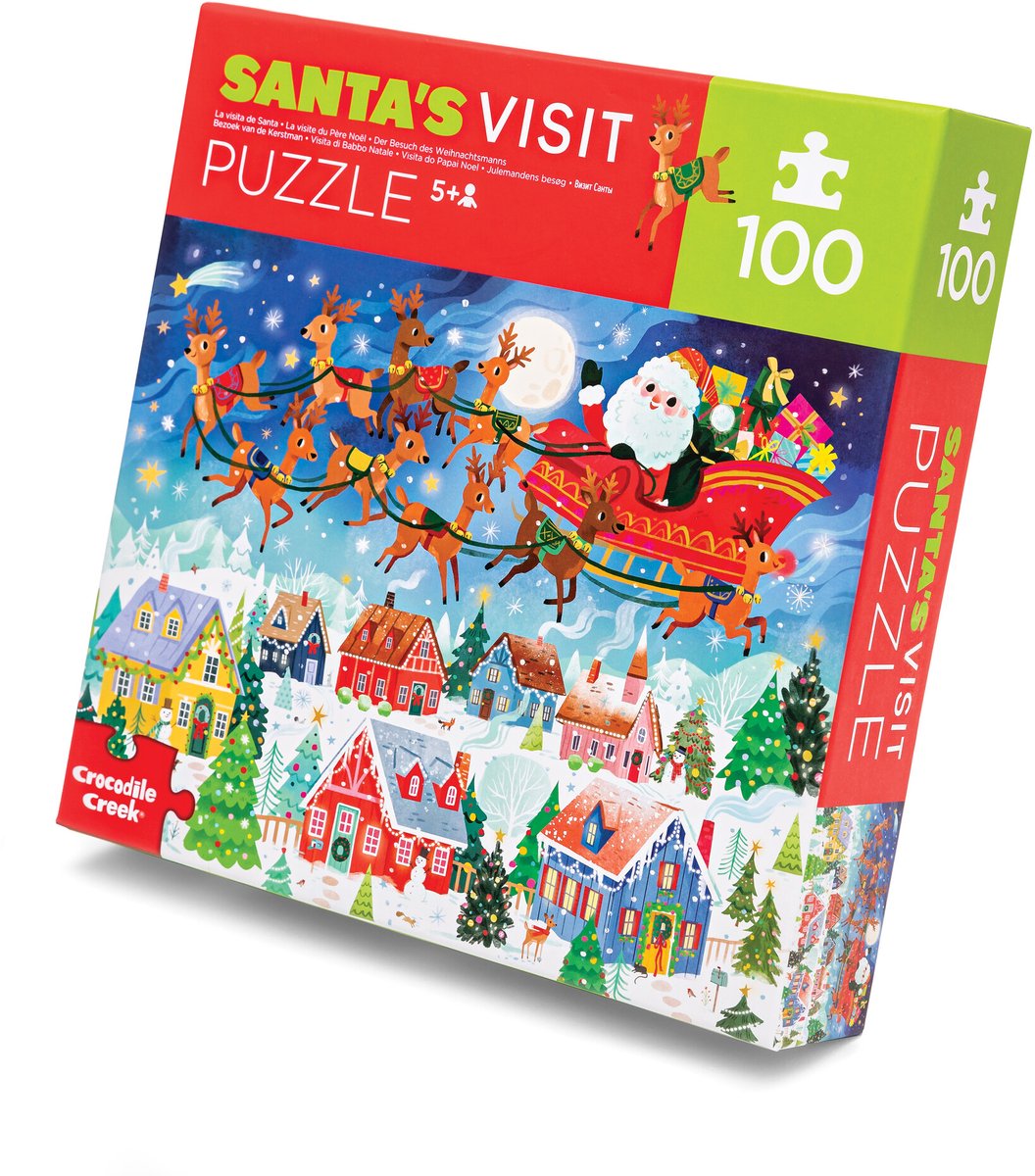 Puzzle natalizio Crocodile Creek 100 pezzi - Visita di Babbo Natale - Giocattoli sostenibili.