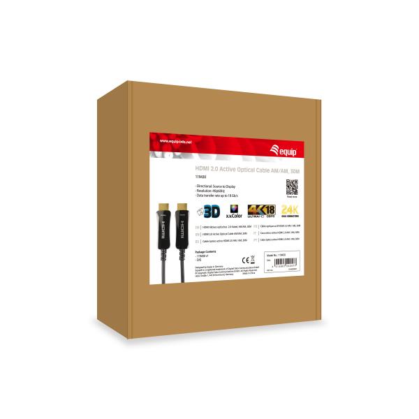 Equipaggiare 119430 HDMI 2.0 Cavo ottico attivo, HDMI Tipo A -> HDMI Tipo A 3D, 18 Gbit S, 30M, nero