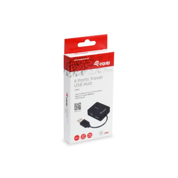 Equipaggiare 128952, hub USB da viaggio a 4 porte, USB 2.0, 480 mbit, plastica, nero