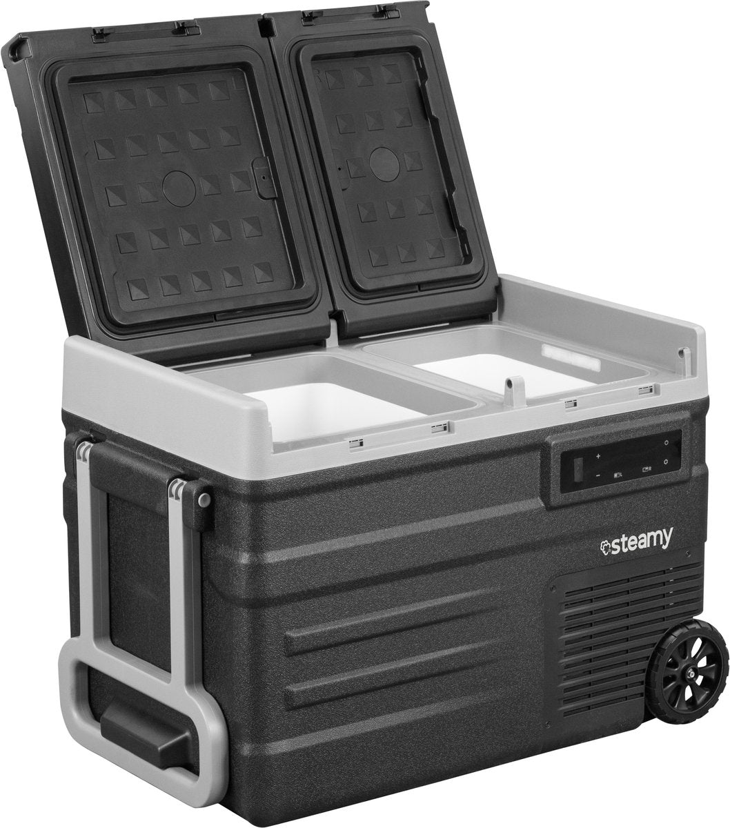 Frigo portatile con compressore elettrico a rulli Steamy-e dual zone su ruote - dual zone - 41 litri - 12v e 230v - per auto e campeggio - nero