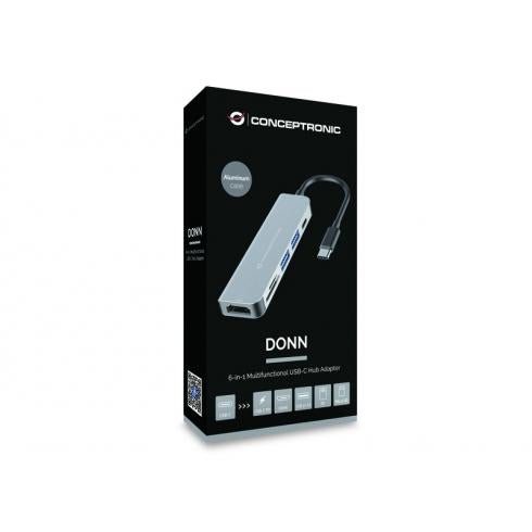 Concepttronic Donn02G 6-in-1 Multifunzionale USB Hub Adapte, USB 3.2 Gen 1 Type-C, HDMI, 5 Gbps, Alu