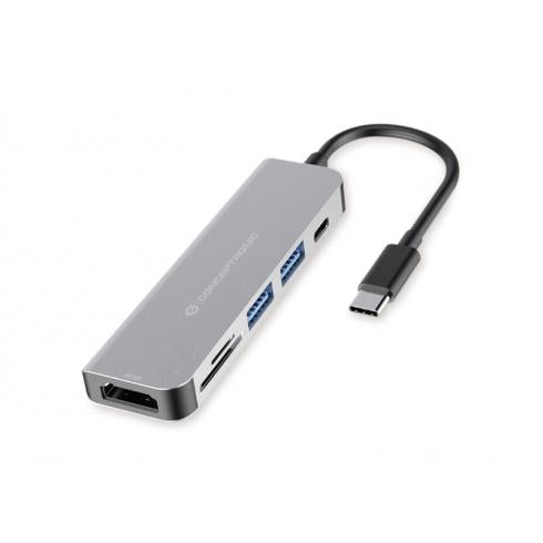 Concepttronic Donn02G 6-in-1 Multifunzionale USB Hub Adapte, USB 3.2 Gen 1 Type-C, HDMI, 5 Gbps, Alu