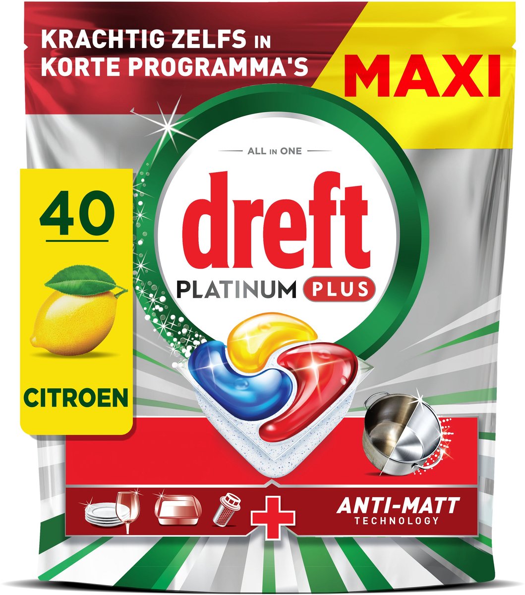 Dreft platinum plus vaatwastabletten citroen - anti-dofheidstechnologie - 40 stuks