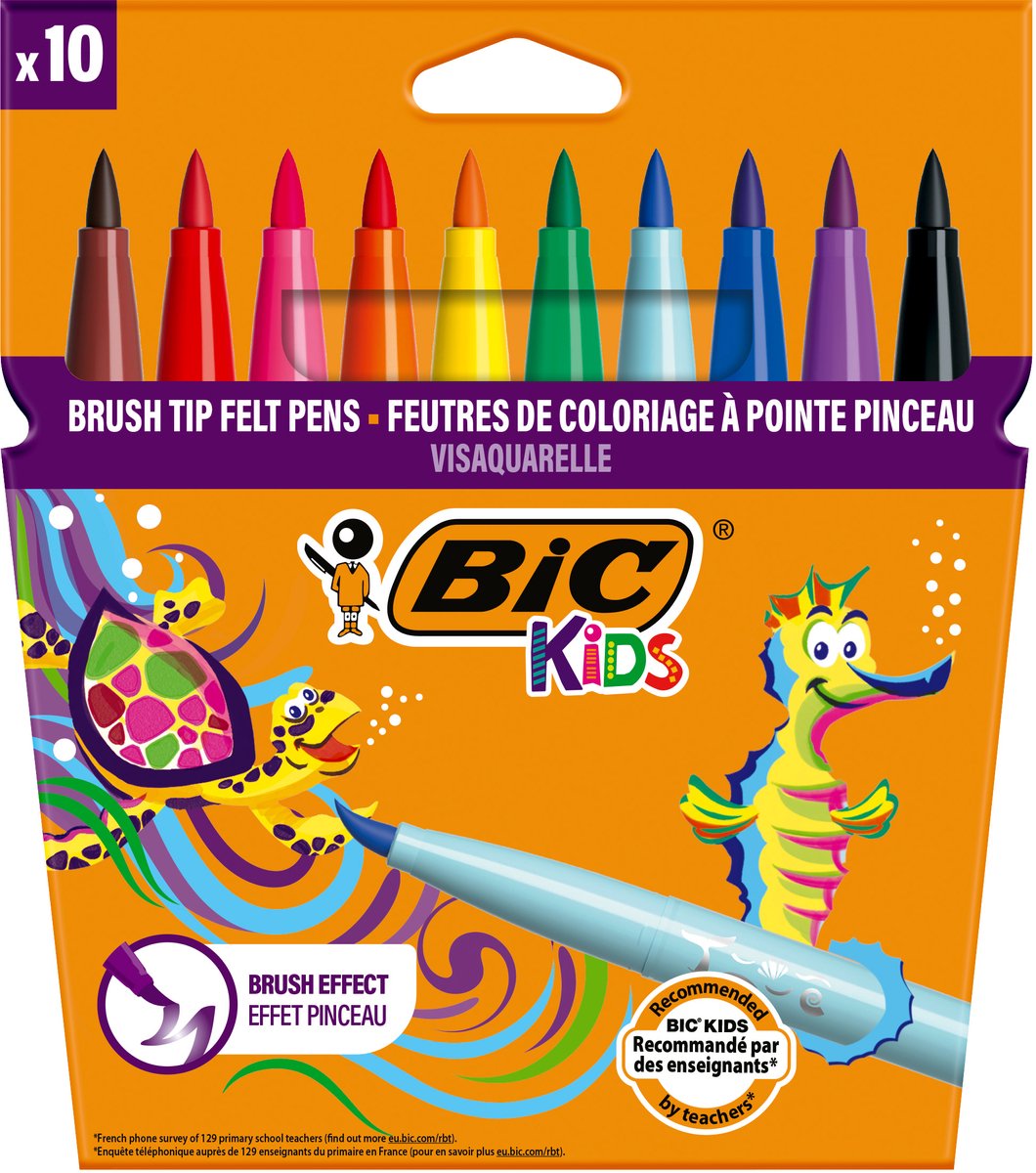 Bic kids visaquarelle - viltstiften - stiften voor kinderen - kleurstiften met flexibele penseelpunt - 10 stuks
