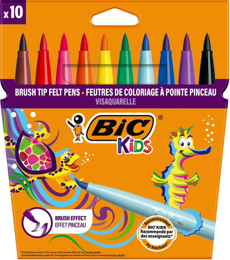 Bic kids visaquarelle - pennarelli - pennarelli per bambini - pennarelli colorati con punta a pennello flessibile - 10 pezzi