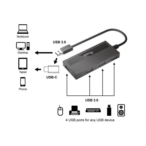 Equipaggia 128956 Hub USB 3.0 a 4 porte con adattatore USB-C, USB 3.2 Gen 1 Type-A, 5000 Mbit S, Black