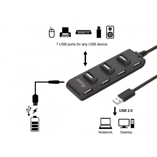 Equipaggia 128957 Hub USB 2.0 a 7 porte, USB 2.0, USB 2.0, 480 Mbit S, Black