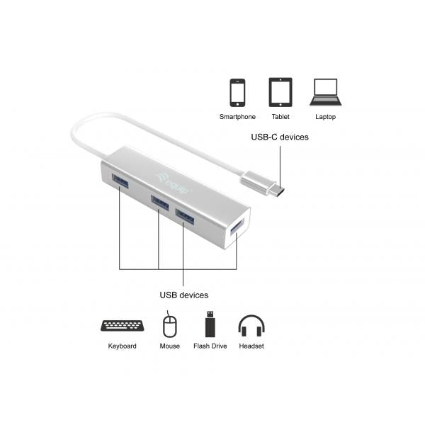 Equipaggiare 128958 USB-C a Hub USB 3.0 a 4 porte, USB 3.2 Gen 1 Type-C, Type-A, 5000 Mbit, Silver