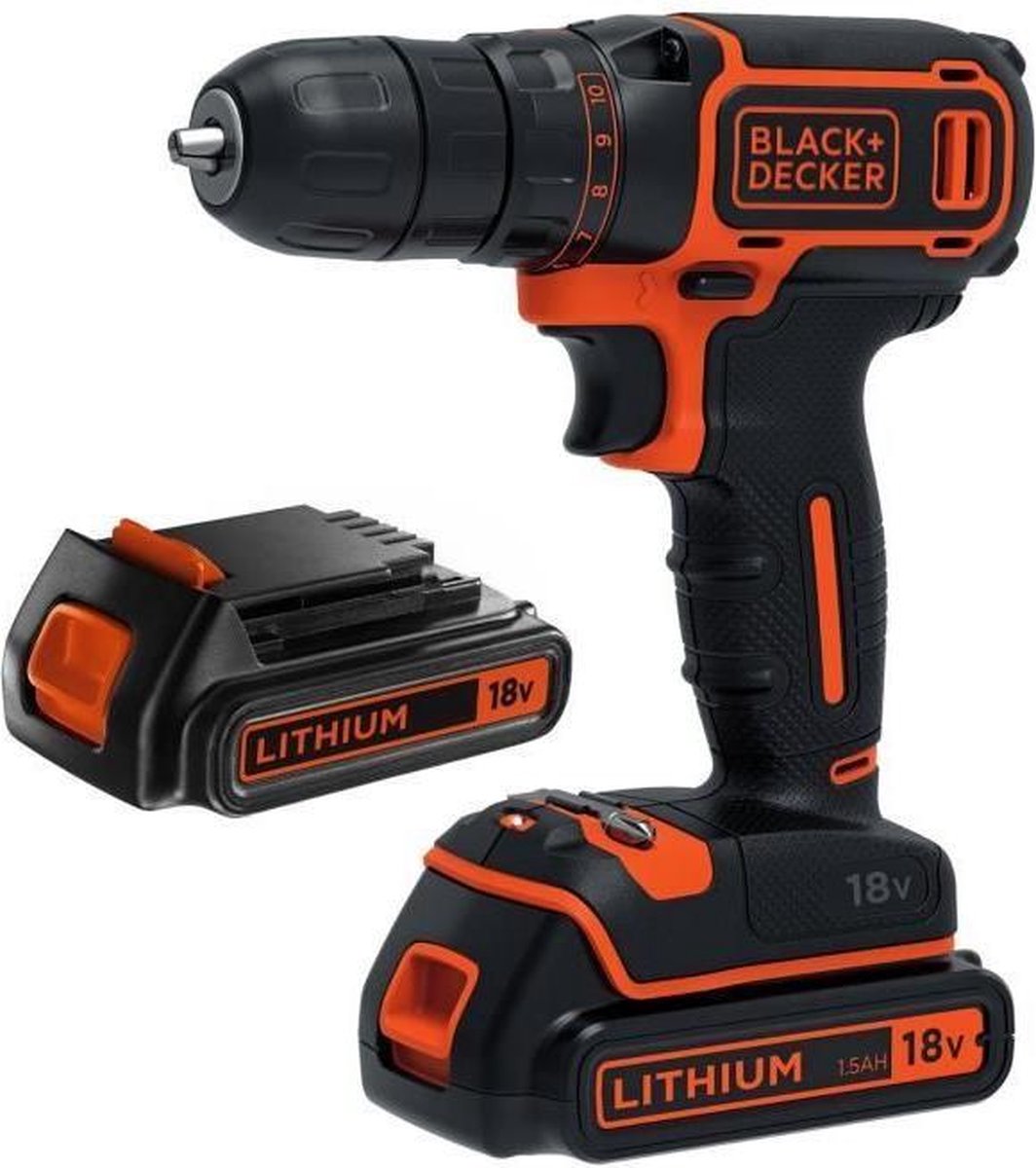 Black+decker 18v lithium ion accu schroef- boormachine met 2x 1,5ah accu's, 1 variabele snelheid, 11 koppelinstellingen. - bdcdc18b-qw