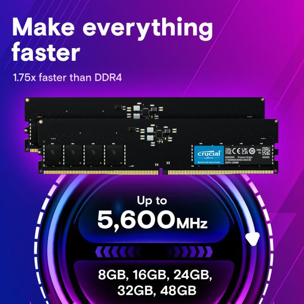 CT8G56C46U5 DIMM crucial, 8 GB, DDR5 5600 MHz, PC5-44800, sin hormiguear