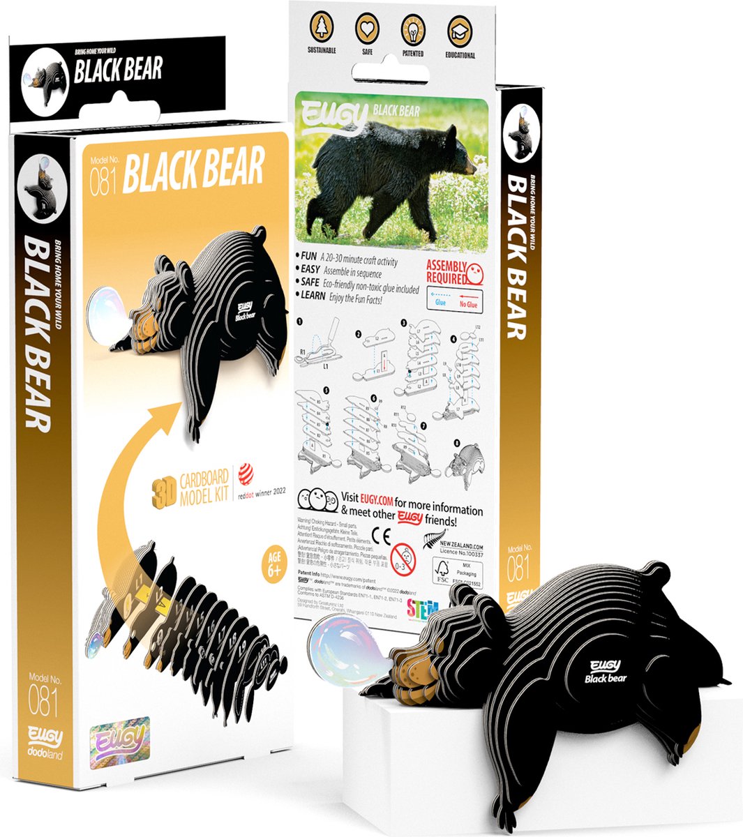 Puzzle 3d Eugy - orso nero - animali selvatici - sostenibile - collezionali tutti - 6 anni